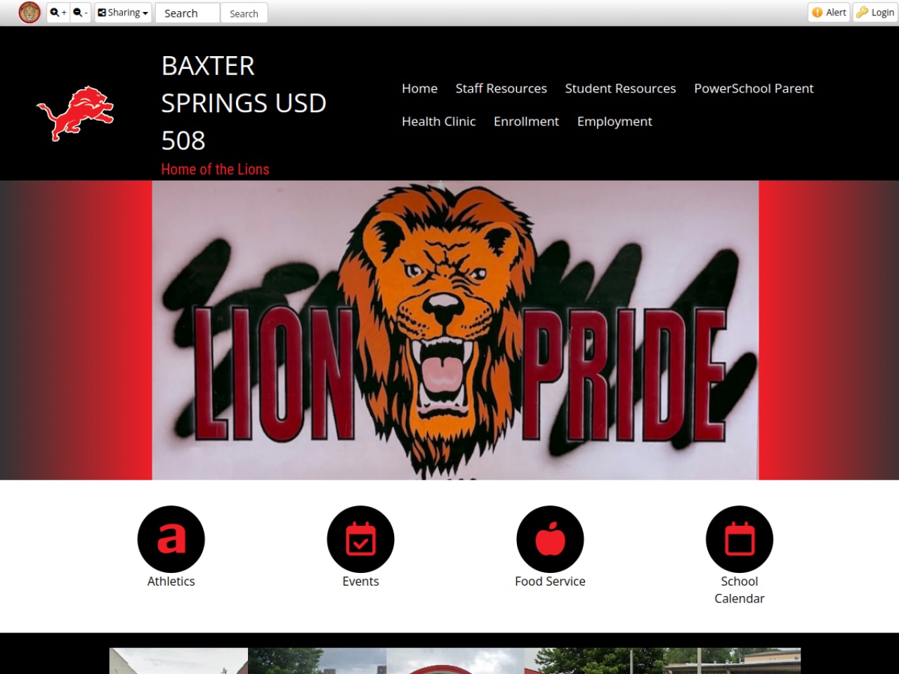 Screenshot of the USD 508 Baxter Springs current website at usd508.org — an outdated design with no semantic landmarks, missing alt text on images, fixed-width layout that breaks on mobile, and multiple WCAG contrast failures.