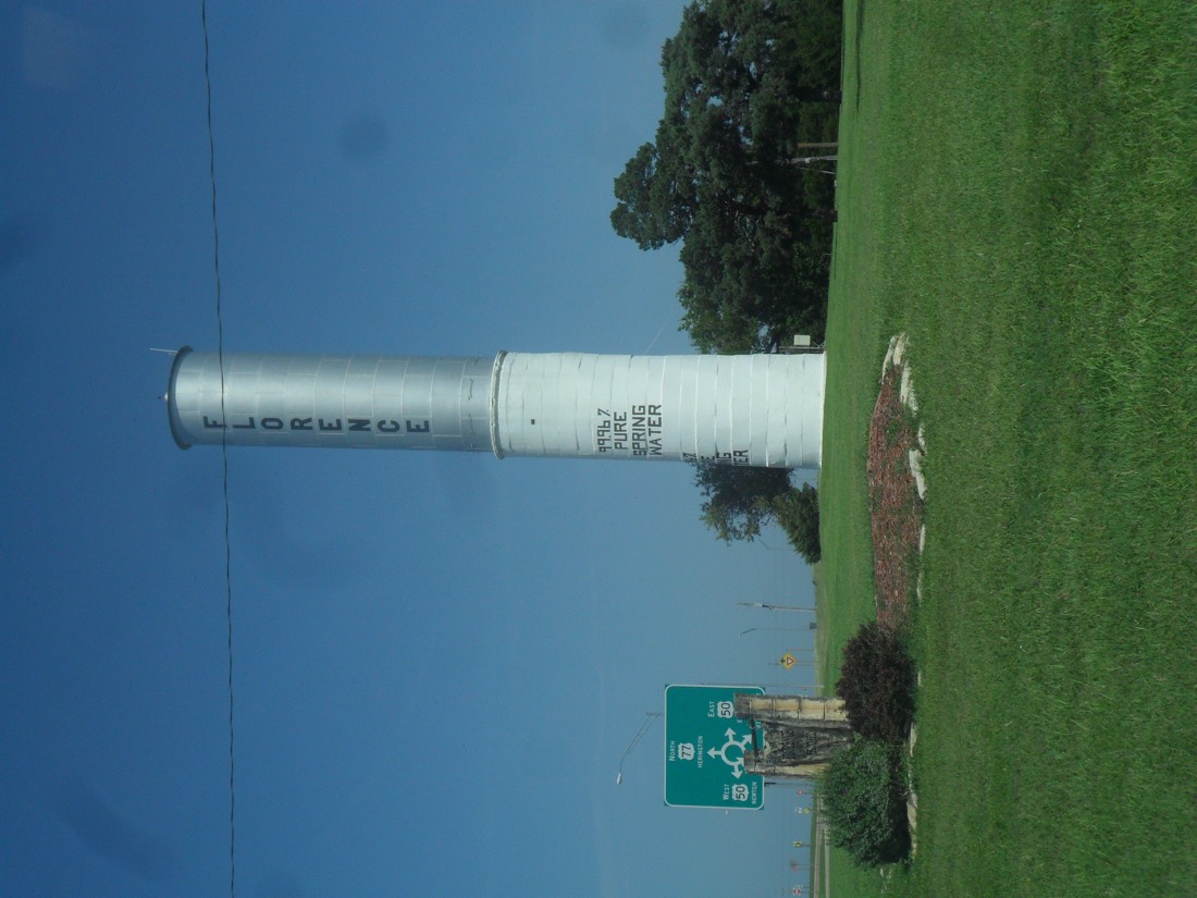 The 1887 Florence water tower, a landmark wooden tank-on-legs structure that supplied water to steam locomotives of the Santa Fe Railway